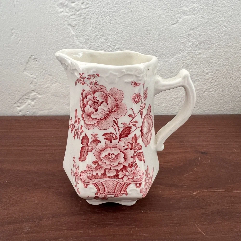 Crown Devon red white floral creamer pitcher jug Staffordshire English China